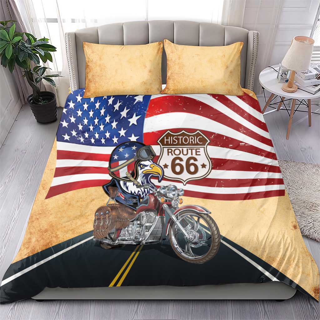 Route 66 United States Bedding Set Historic Highway USA Eagle With Motorcycle - Wonder Print Shop