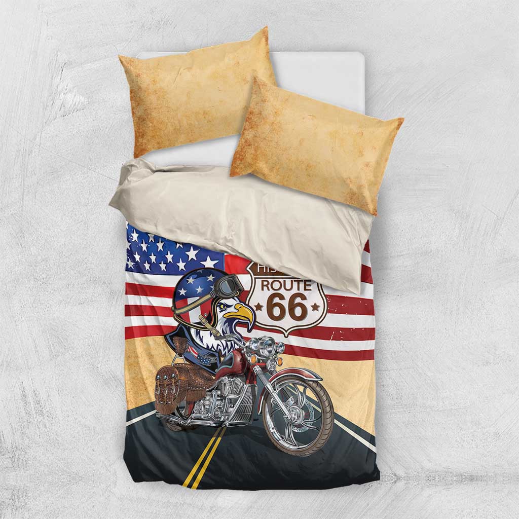 Route 66 United States Bedding Set Historic Highway USA Eagle With Motorcycle - Wonder Print Shop