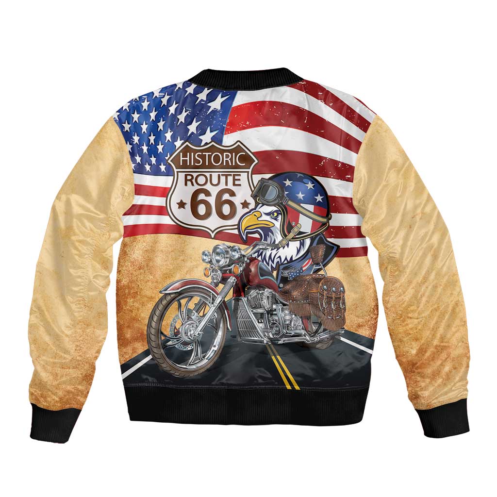Route 66 United States Bomber Jacket Historic Highway USA Eagle With Motorcycle - Wonder Print Shop