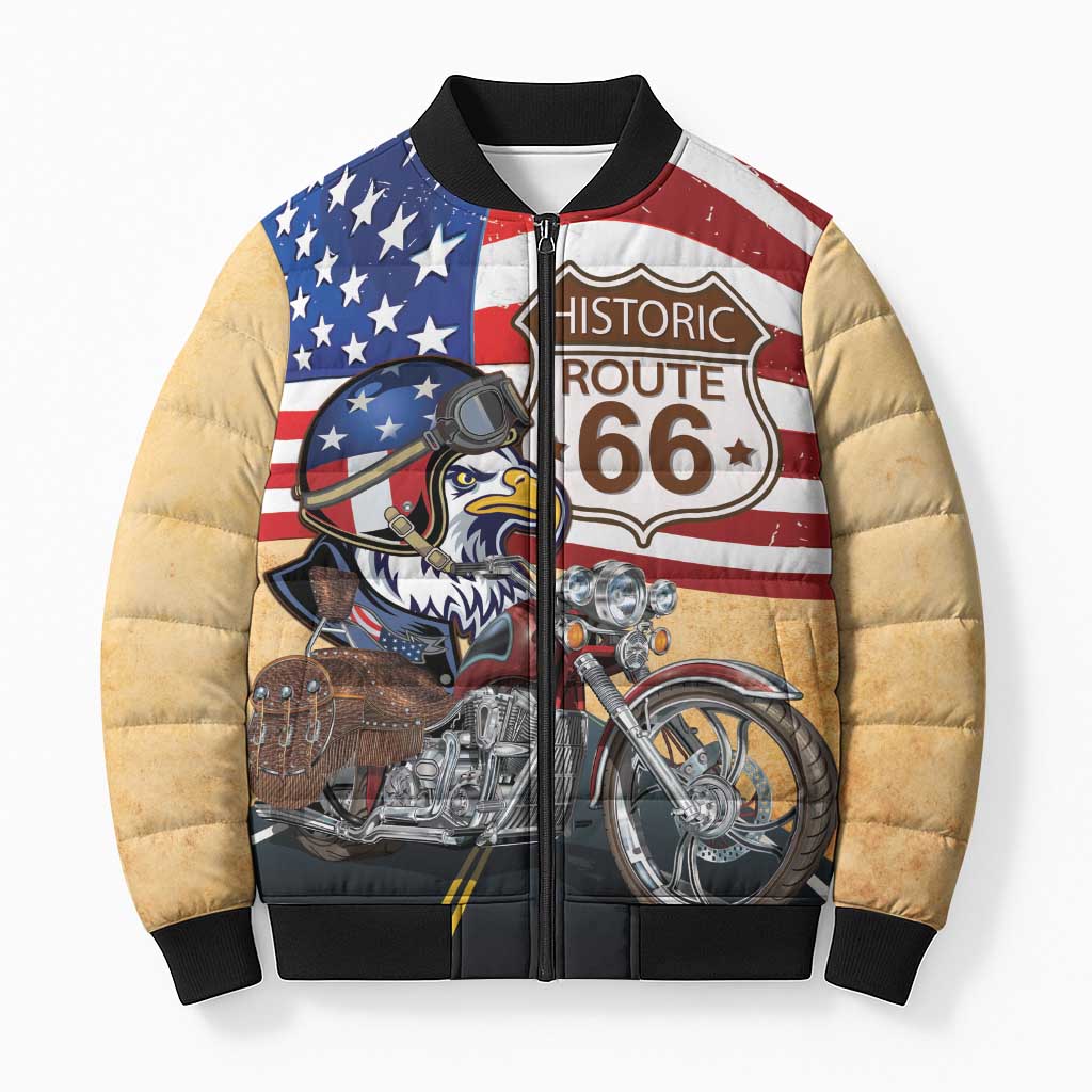 Route 66 United States Bomber Puffer Jacket Historic Highway USA Eagle With Motorcycle - Wonder Print Shop