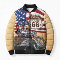 Route 66 United States Bomber Puffer Jacket Historic Highway USA Eagle With Motorcycle - Wonder Print Shop