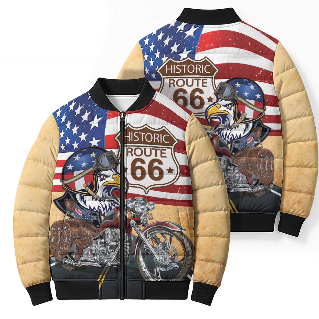 Route 66 United States Bomber Puffer Jacket Historic Highway USA Eagle With Motorcycle - Wonder Print Shop