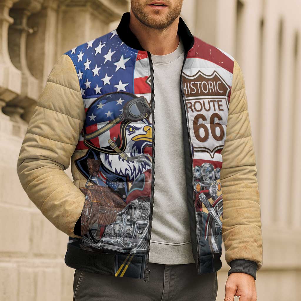 Route 66 United States Bomber Puffer Jacket Historic Highway USA Eagle With Motorcycle - Wonder Print Shop
