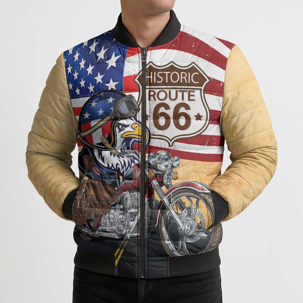 Route 66 United States Bomber Puffer Jacket Historic Highway USA Eagle With Motorcycle - Wonder Print Shop