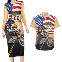 Route 66 United States Couples Matching Long Sleeve Bodycon Dress and Hawaiian Shirt Historic Highway USA Eagle With Motorcycle - Wonder Print Shop