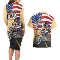 Route 66 United States Couples Matching Long Sleeve Bodycon Dress and Hawaiian Shirt Historic Highway USA Eagle With Motorcycle - Wonder Print Shop