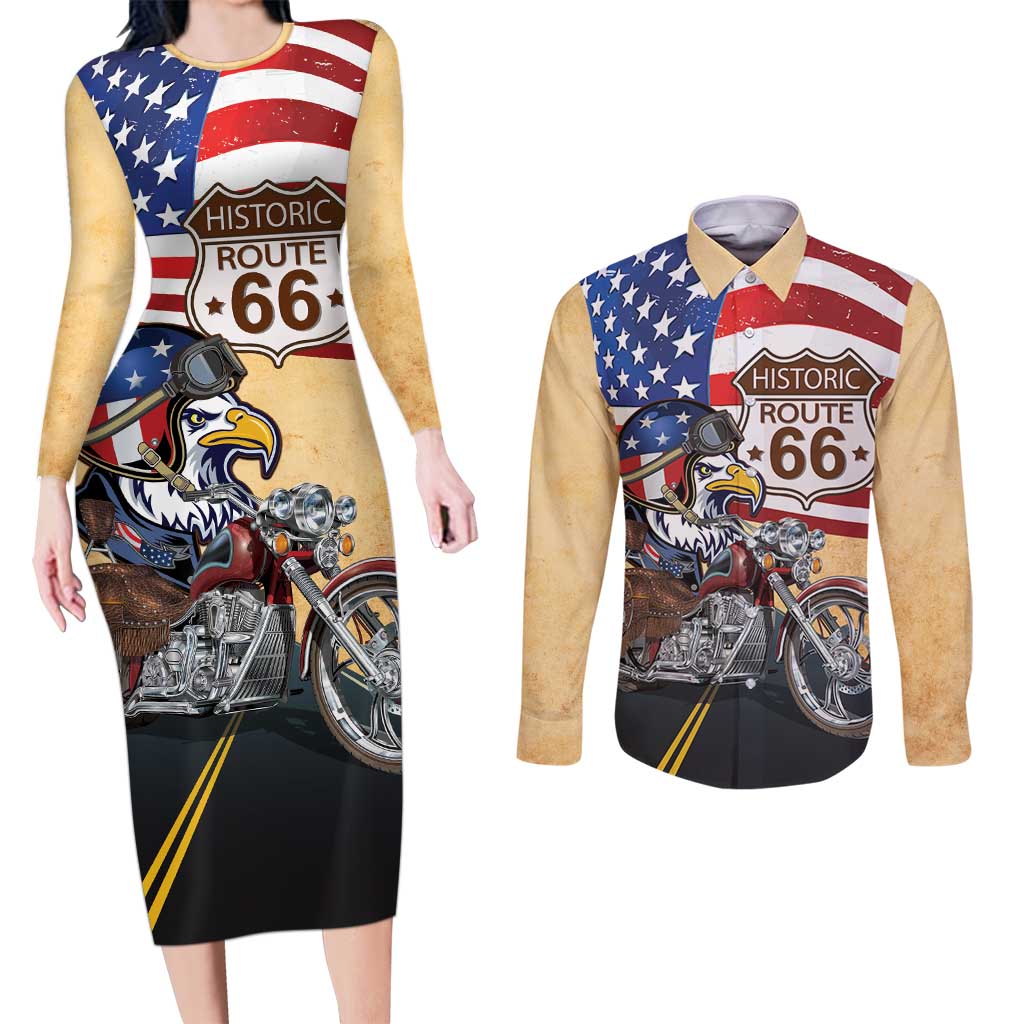 Route 66 United States Couples Matching Long Sleeve Bodycon Dress and Long Sleeve Button Shirt Historic Highway USA Eagle With Motorcycle - Wonder Print Shop