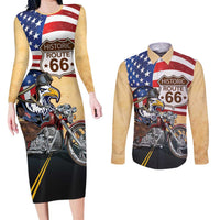 Route 66 United States Couples Matching Long Sleeve Bodycon Dress and Long Sleeve Button Shirt Historic Highway USA Eagle With Motorcycle - Wonder Print Shop