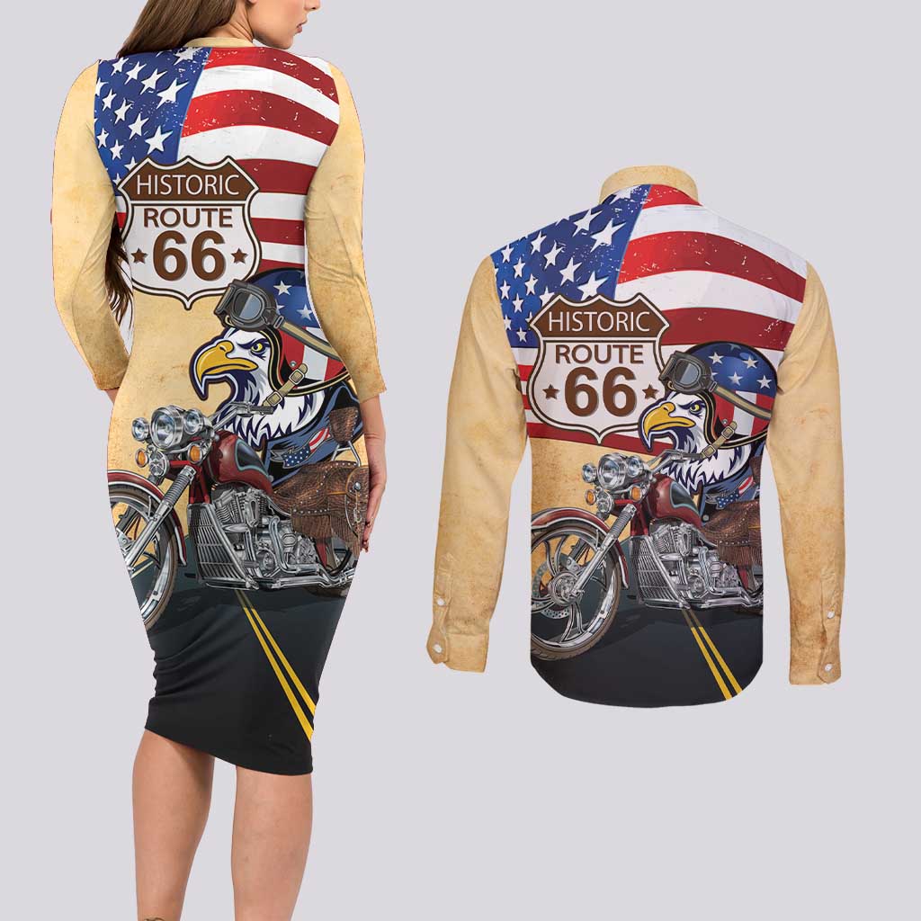 Route 66 United States Couples Matching Long Sleeve Bodycon Dress and Long Sleeve Button Shirt Historic Highway USA Eagle With Motorcycle - Wonder Print Shop