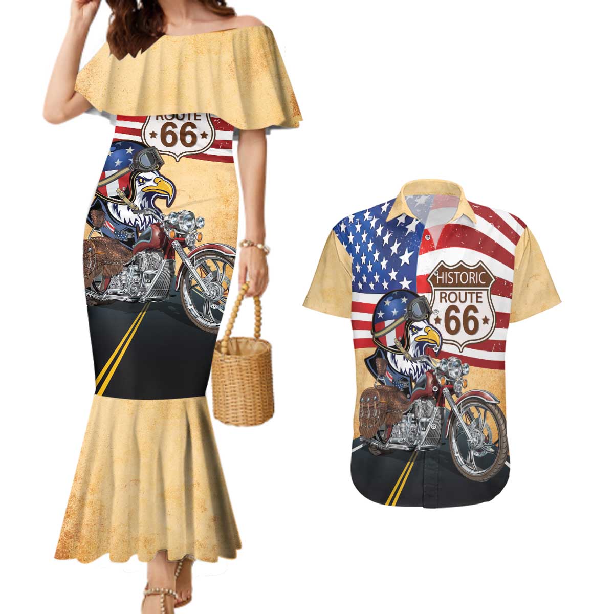 Route 66 United States Couples Matching Mermaid Dress and Hawaiian Shirt Historic Highway USA Eagle With Motorcycle - Wonder Print Shop