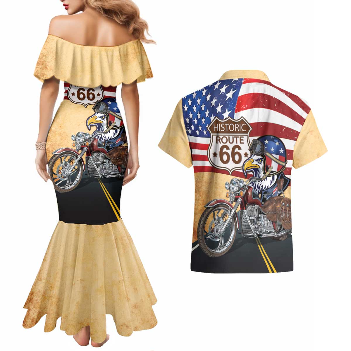 Route 66 United States Couples Matching Mermaid Dress and Hawaiian Shirt Historic Highway USA Eagle With Motorcycle - Wonder Print Shop