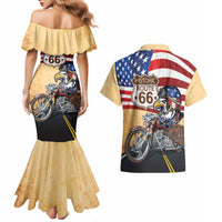 Route 66 United States Couples Matching Mermaid Dress and Hawaiian Shirt Historic Highway USA Eagle With Motorcycle - Wonder Print Shop