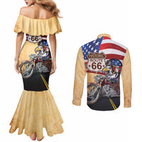 Route 66 United States Couples Matching Mermaid Dress and Long Sleeve Button Shirt Historic Highway USA Eagle With Motorcycle - Wonder Print Shop