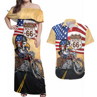 Route 66 United States Couples Matching Off Shoulder Maxi Dress and Hawaiian Shirt Historic Highway USA Eagle With Motorcycle - Wonder Print Shop