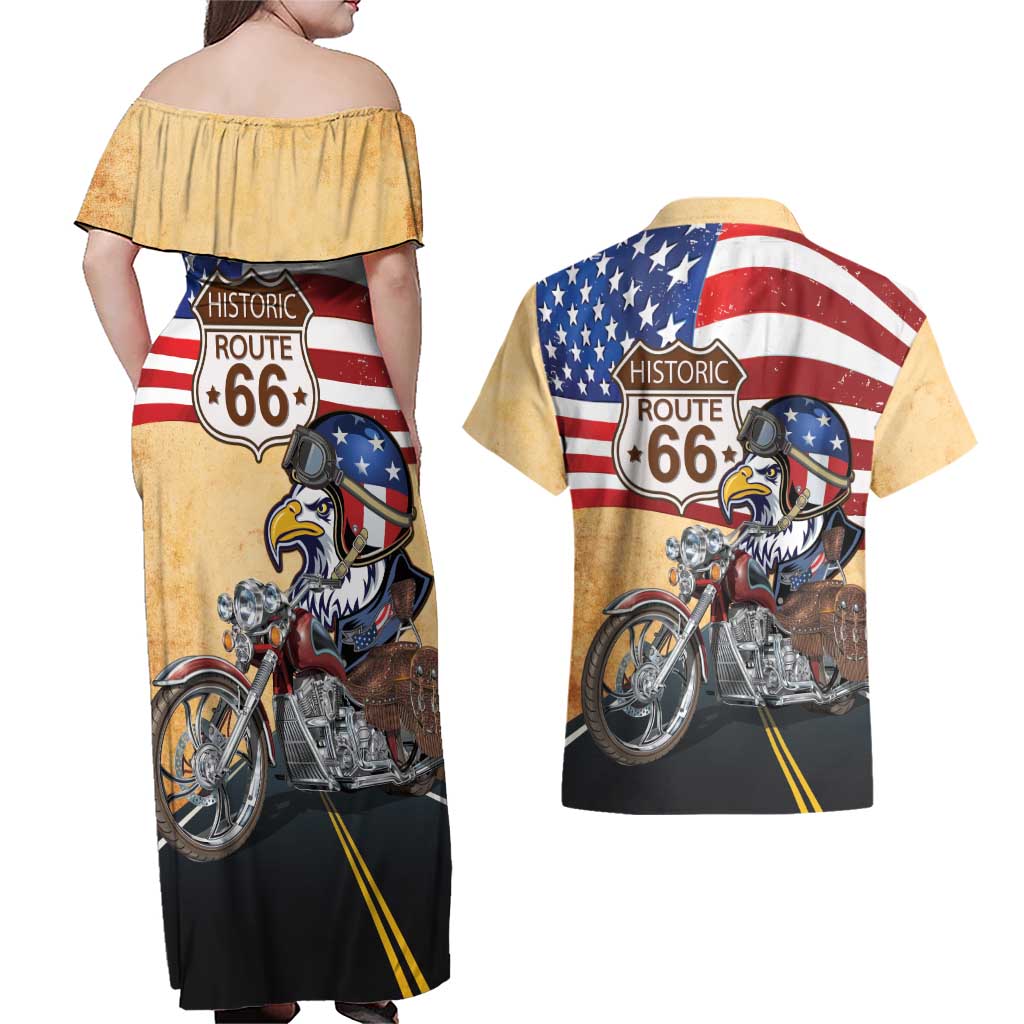 Route 66 United States Couples Matching Off Shoulder Maxi Dress and Hawaiian Shirt Historic Highway USA Eagle With Motorcycle - Wonder Print Shop