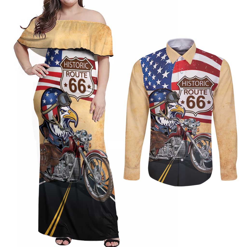 Route 66 United States Couples Matching Off Shoulder Maxi Dress and Long Sleeve Button Shirt Historic Highway USA Eagle With Motorcycle - Wonder Print Shop