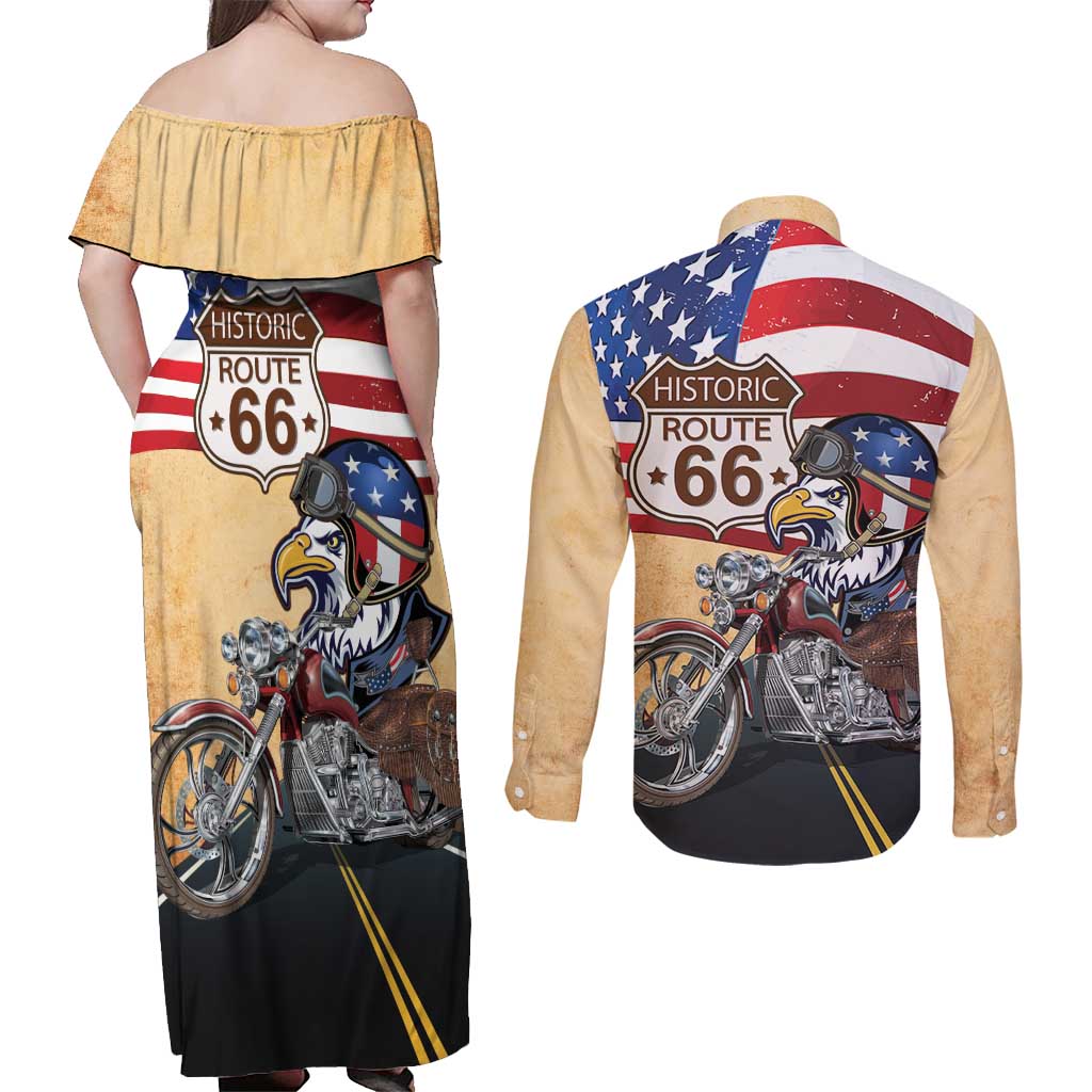 Route 66 United States Couples Matching Off Shoulder Maxi Dress and Long Sleeve Button Shirt Historic Highway USA Eagle With Motorcycle - Wonder Print Shop