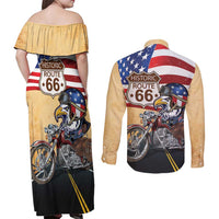 Route 66 United States Couples Matching Off Shoulder Maxi Dress and Long Sleeve Button Shirt Historic Highway USA Eagle With Motorcycle - Wonder Print Shop