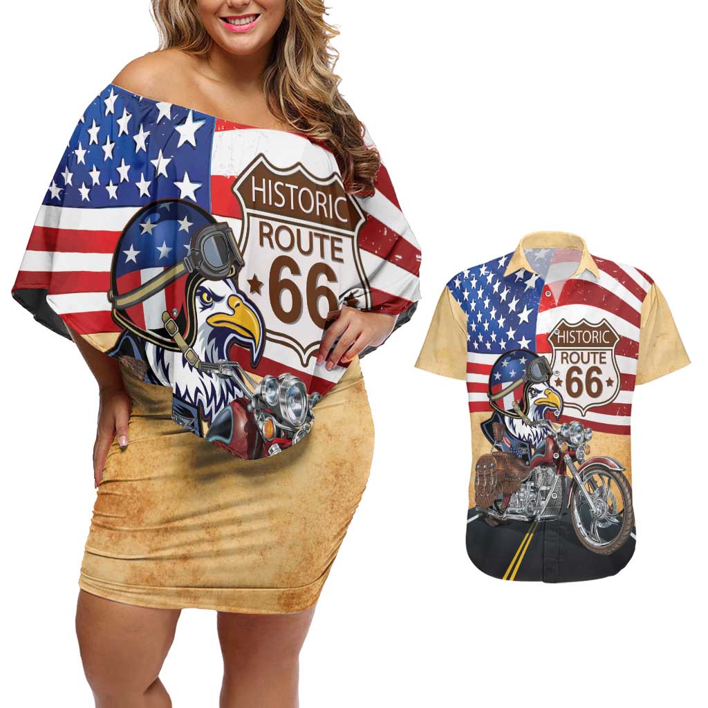 Route 66 United States Couples Matching Off Shoulder Short Dress and Hawaiian Shirt Historic Highway USA Eagle With Motorcycle - Wonder Print Shop