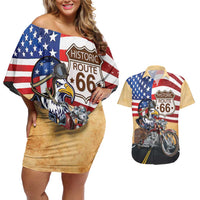 Route 66 United States Couples Matching Off Shoulder Short Dress and Hawaiian Shirt Historic Highway USA Eagle With Motorcycle - Wonder Print Shop
