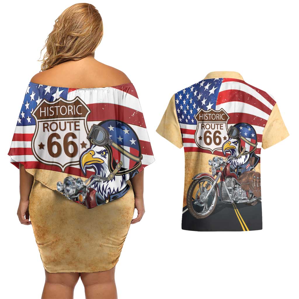 Route 66 United States Couples Matching Off Shoulder Short Dress and Hawaiian Shirt Historic Highway USA Eagle With Motorcycle - Wonder Print Shop