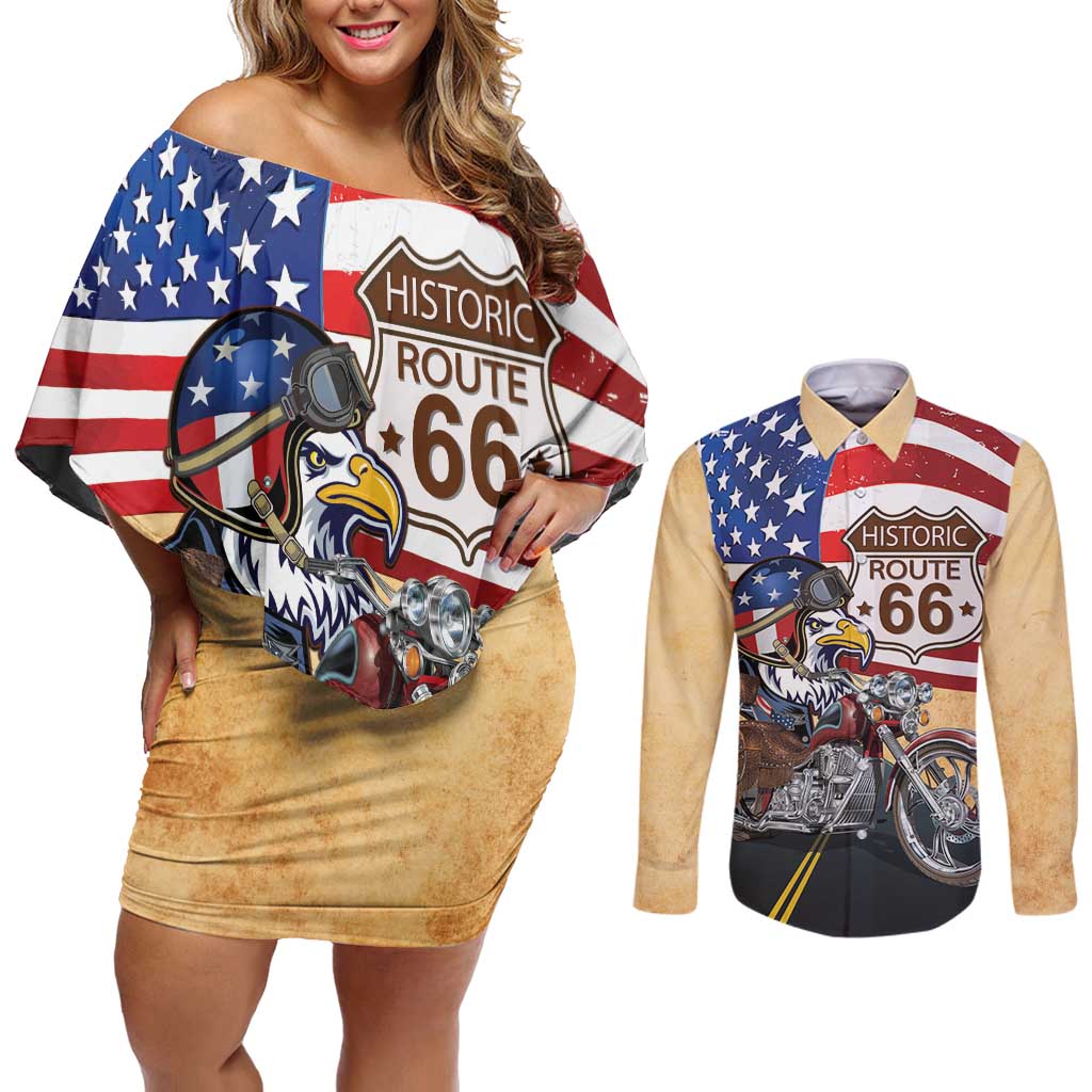 Route 66 United States Couples Matching Off Shoulder Short Dress and Long Sleeve Button Shirt Historic Highway USA Eagle With Motorcycle - Wonder Print Shop