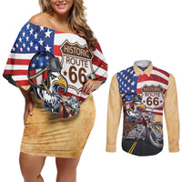 Route 66 United States Couples Matching Off Shoulder Short Dress and Long Sleeve Button Shirt Historic Highway USA Eagle With Motorcycle - Wonder Print Shop