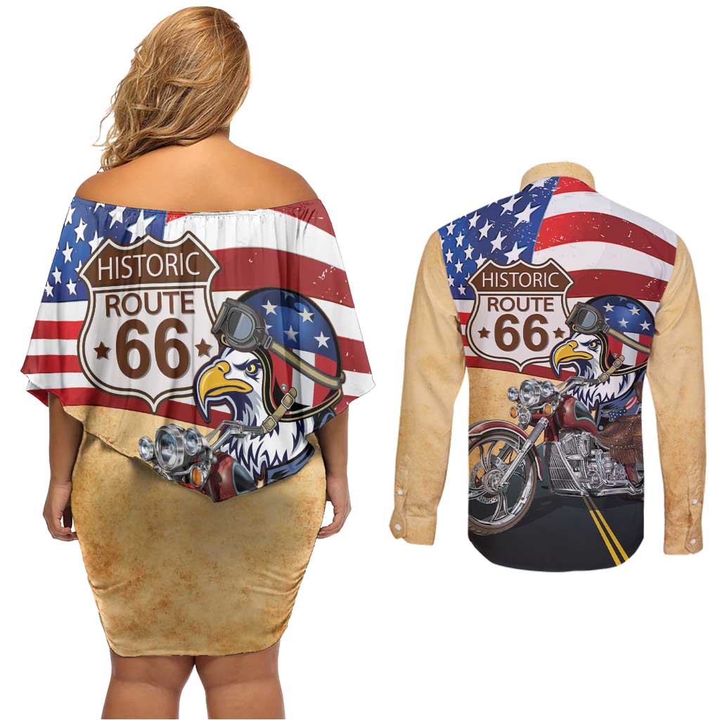 Route 66 United States Couples Matching Off Shoulder Short Dress and Long Sleeve Button Shirt Historic Highway USA Eagle With Motorcycle - Wonder Print Shop