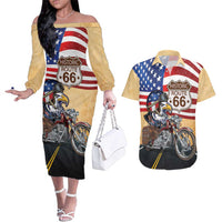 Route 66 United States Couples Matching Off The Shoulder Long Sleeve Dress and Hawaiian Shirt Historic Highway USA Eagle With Motorcycle - Wonder Print Shop