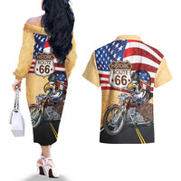 Route 66 United States Couples Matching Off The Shoulder Long Sleeve Dress and Hawaiian Shirt Historic Highway USA Eagle With Motorcycle - Wonder Print Shop