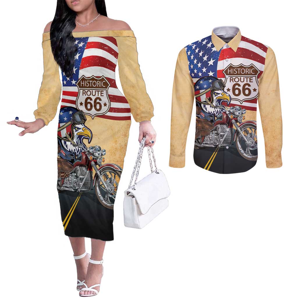 Route 66 United States Couples Matching Off The Shoulder Long Sleeve Dress and Long Sleeve Button Shirt Historic Highway USA Eagle With Motorcycle - Wonder Print Shop