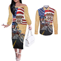 Route 66 United States Couples Matching Off The Shoulder Long Sleeve Dress and Long Sleeve Button Shirt Historic Highway USA Eagle With Motorcycle - Wonder Print Shop