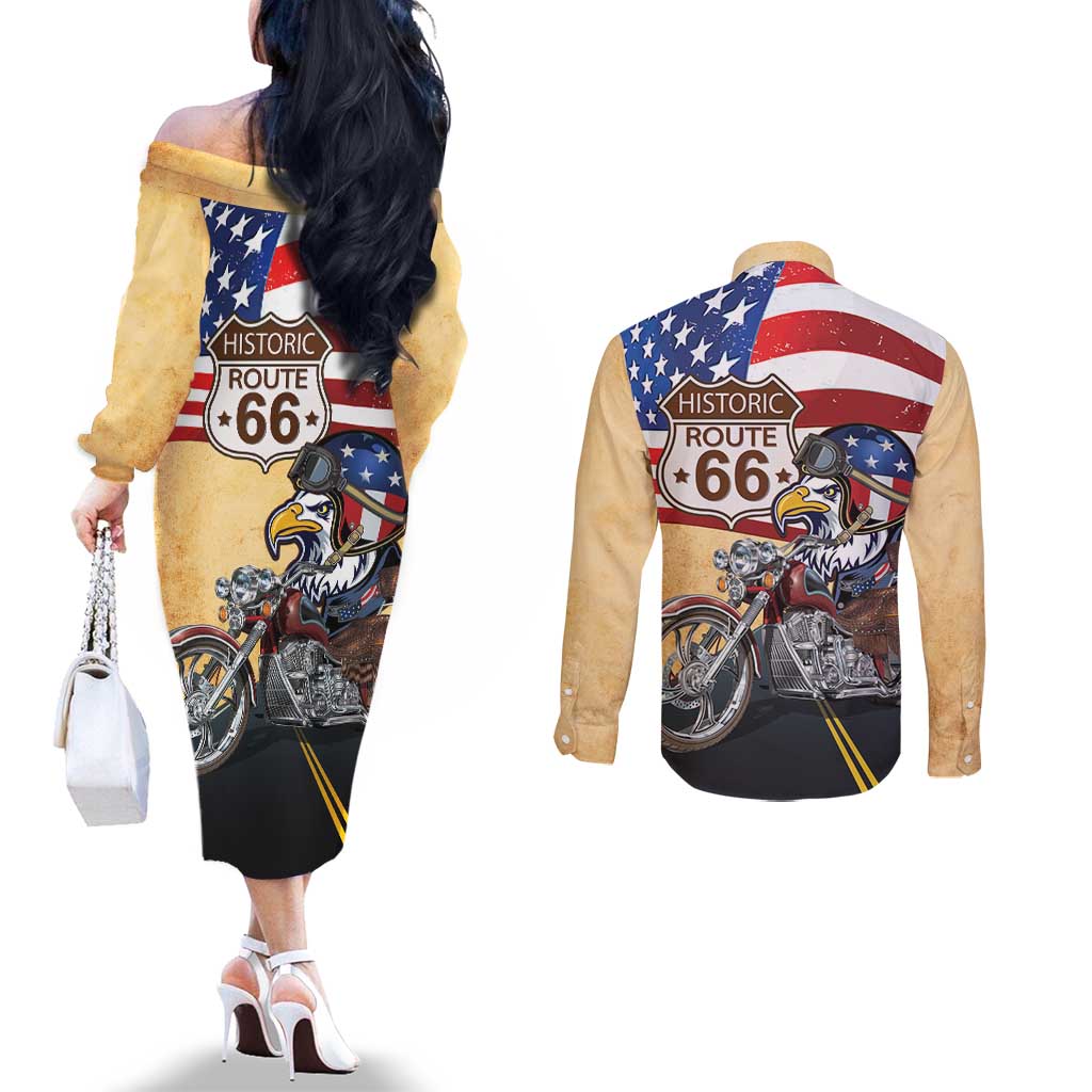 Route 66 United States Couples Matching Off The Shoulder Long Sleeve Dress and Long Sleeve Button Shirt Historic Highway USA Eagle With Motorcycle - Wonder Print Shop