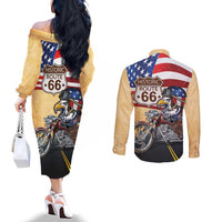 Route 66 United States Couples Matching Off The Shoulder Long Sleeve Dress and Long Sleeve Button Shirt Historic Highway USA Eagle With Motorcycle - Wonder Print Shop