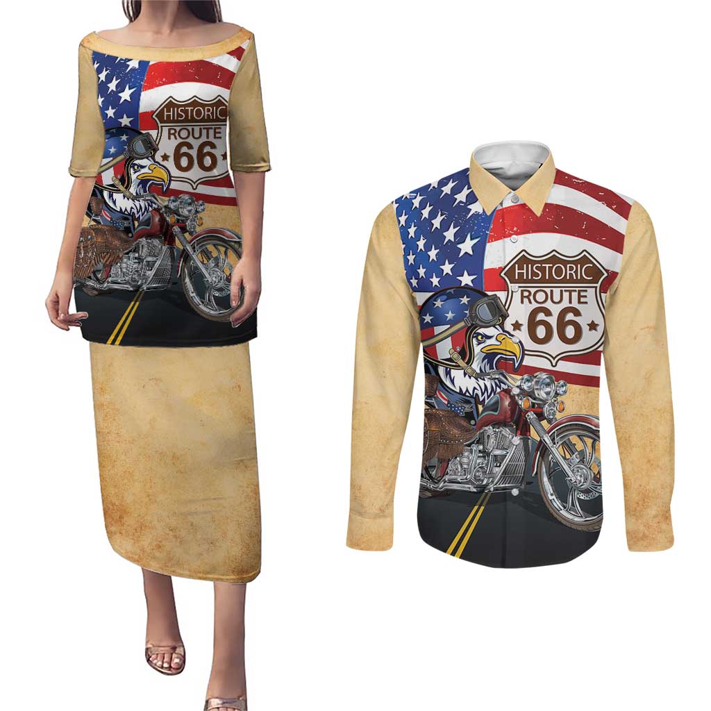 Route 66 United States Couples Matching Puletasi and Long Sleeve Button Shirt Historic Highway USA Eagle With Motorcycle - Wonder Print Shop
