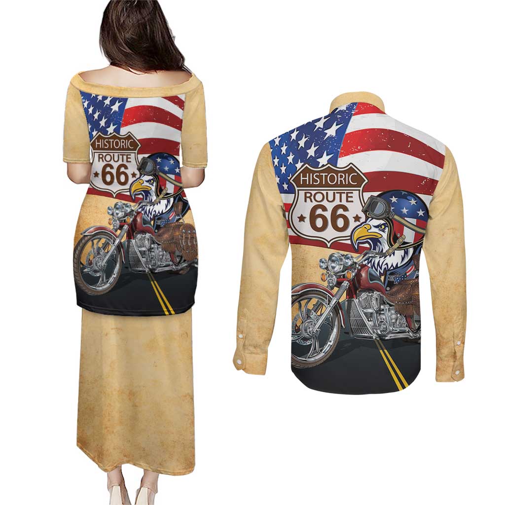 Route 66 United States Couples Matching Puletasi and Long Sleeve Button Shirt Historic Highway USA Eagle With Motorcycle - Wonder Print Shop