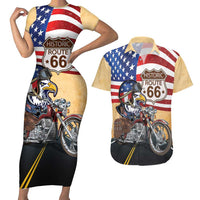 Route 66 United States Couples Matching Short Sleeve Bodycon Dress and Hawaiian Shirt Historic Highway USA Eagle With Motorcycle - Wonder Print Shop