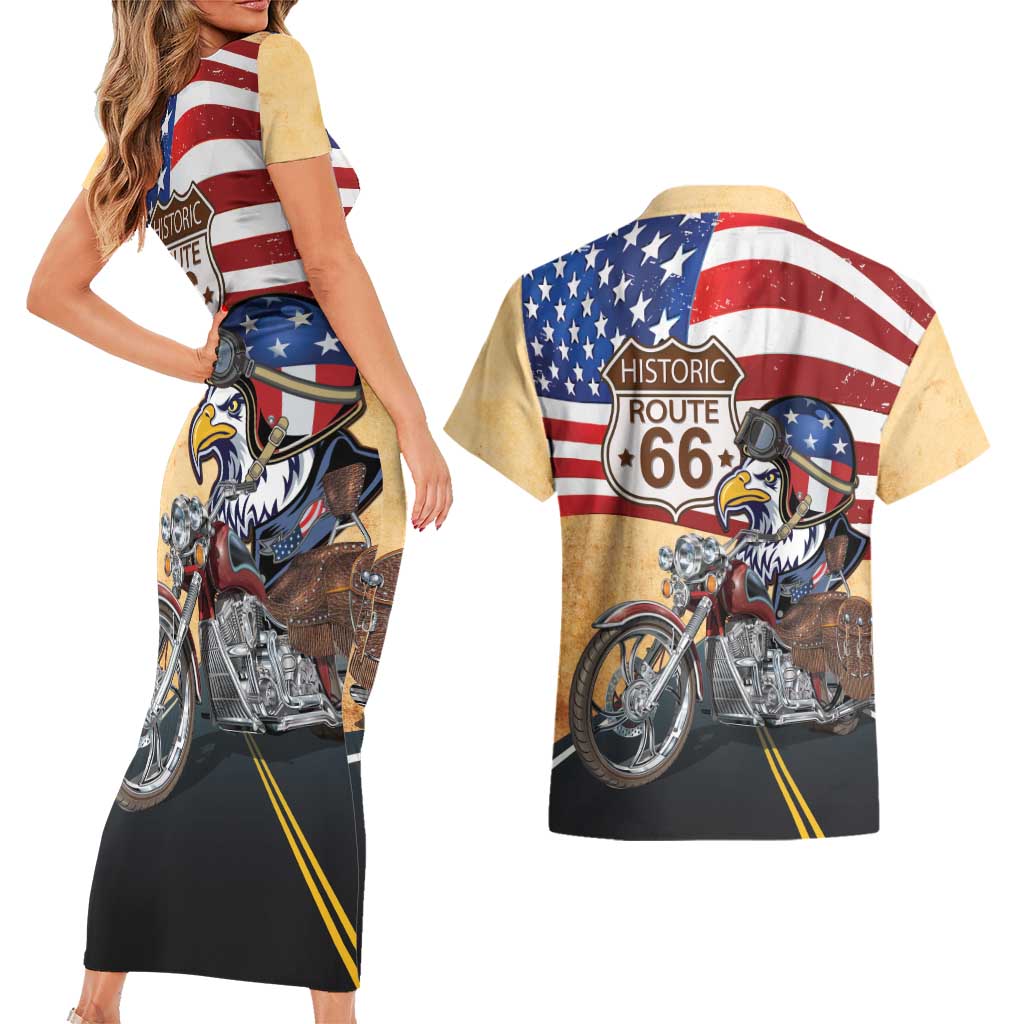 Route 66 United States Couples Matching Short Sleeve Bodycon Dress and Hawaiian Shirt Historic Highway USA Eagle With Motorcycle - Wonder Print Shop