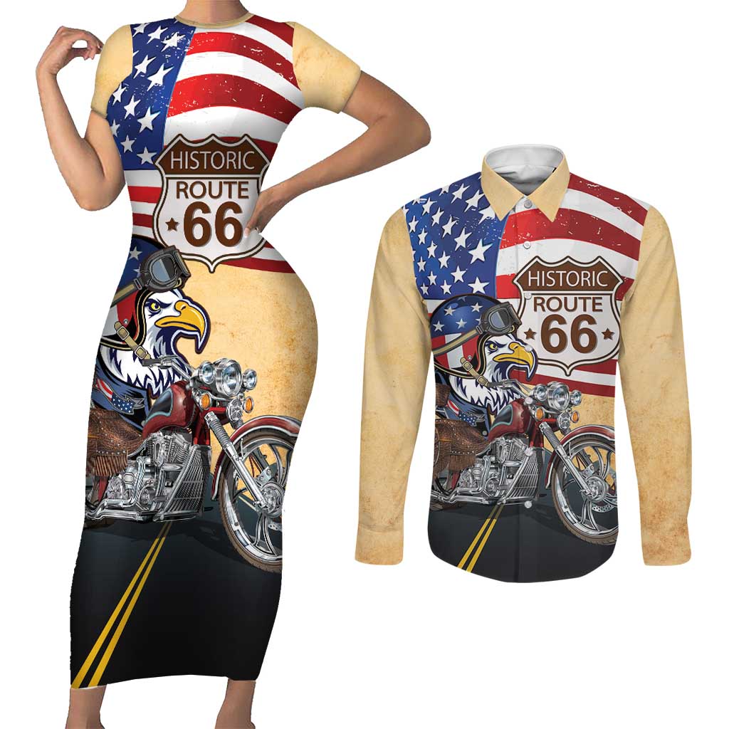 Route 66 United States Couples Matching Short Sleeve Bodycon Dress and Long Sleeve Button Shirt Historic Highway USA Eagle With Motorcycle - Wonder Print Shop