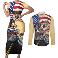Route 66 United States Couples Matching Short Sleeve Bodycon Dress and Long Sleeve Button Shirt Historic Highway USA Eagle With Motorcycle - Wonder Print Shop