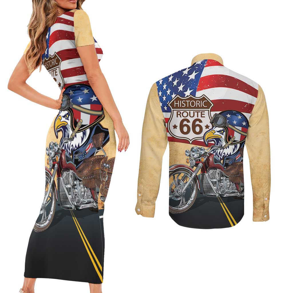 Route 66 United States Couples Matching Short Sleeve Bodycon Dress and Long Sleeve Button Shirt Historic Highway USA Eagle With Motorcycle - Wonder Print Shop