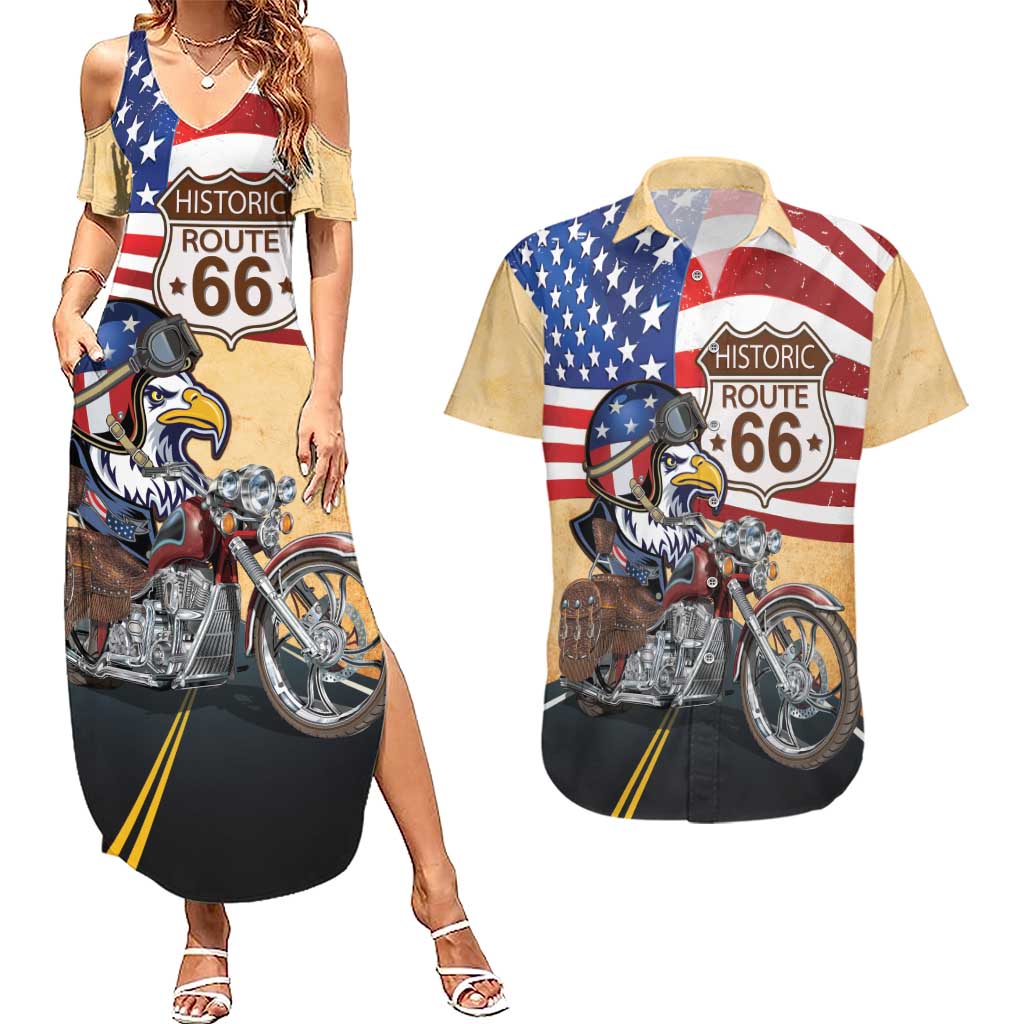 Route 66 United States Couples Matching Summer Maxi Dress and Hawaiian Shirt Historic Highway USA Eagle With Motorcycle - Wonder Print Shop