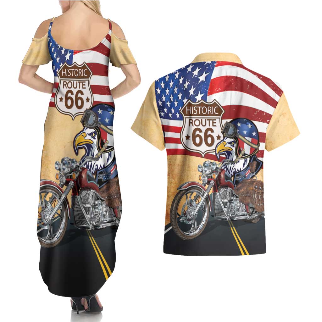 Route 66 United States Couples Matching Summer Maxi Dress and Hawaiian Shirt Historic Highway USA Eagle With Motorcycle - Wonder Print Shop