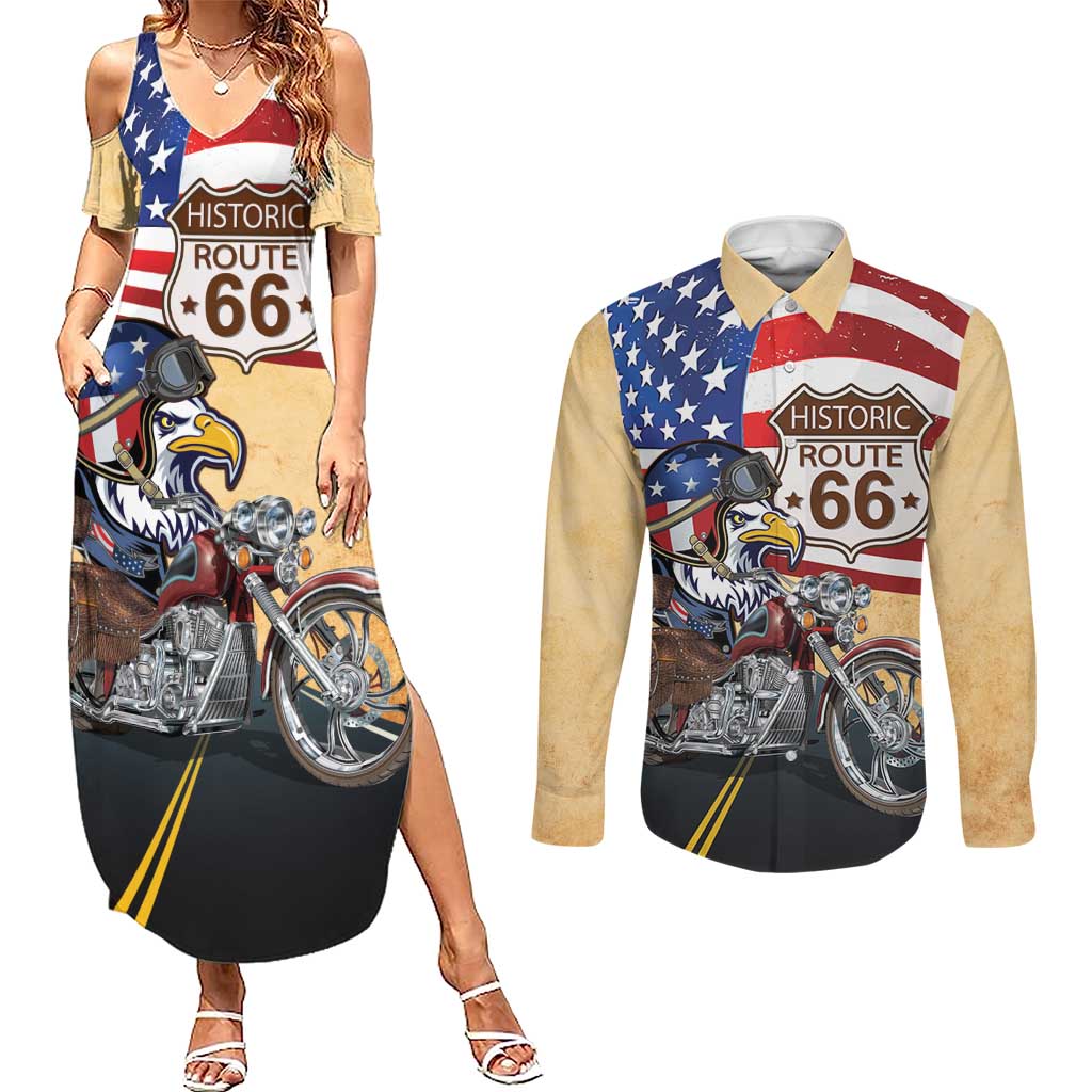 Route 66 United States Couples Matching Summer Maxi Dress and Long Sleeve Button Shirt Historic Highway USA Eagle With Motorcycle - Wonder Print Shop