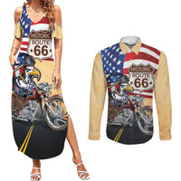 Route 66 United States Couples Matching Summer Maxi Dress and Long Sleeve Button Shirt Historic Highway USA Eagle With Motorcycle - Wonder Print Shop