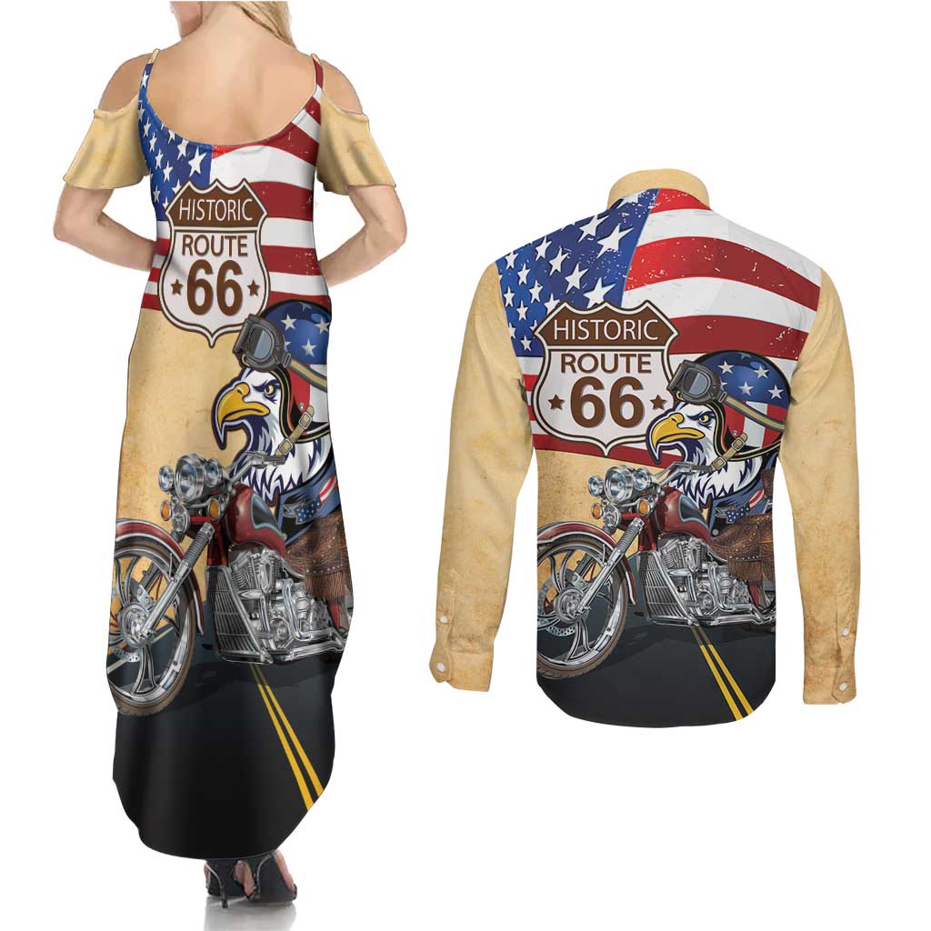 Route 66 United States Couples Matching Summer Maxi Dress and Long Sleeve Button Shirt Historic Highway USA Eagle With Motorcycle - Wonder Print Shop