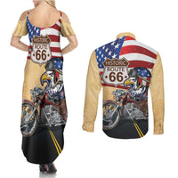 Route 66 United States Couples Matching Summer Maxi Dress and Long Sleeve Button Shirt Historic Highway USA Eagle With Motorcycle - Wonder Print Shop