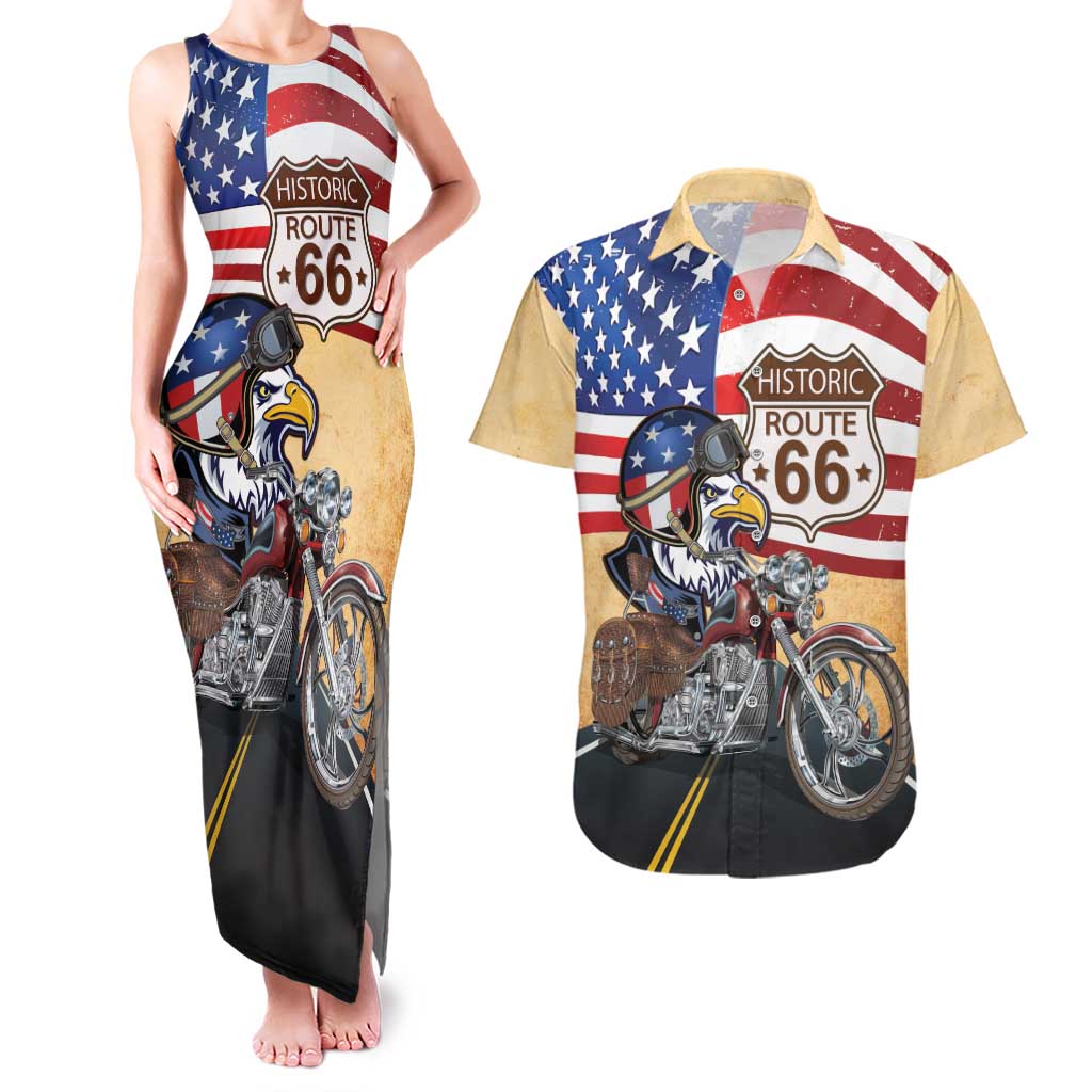 Route 66 United States Couples Matching Tank Maxi Dress and Hawaiian Shirt Historic Highway USA Eagle With Motorcycle - Wonder Print Shop