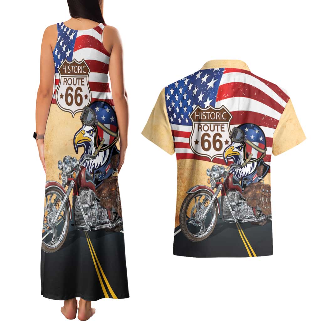 Route 66 United States Couples Matching Tank Maxi Dress and Hawaiian Shirt Historic Highway USA Eagle With Motorcycle - Wonder Print Shop