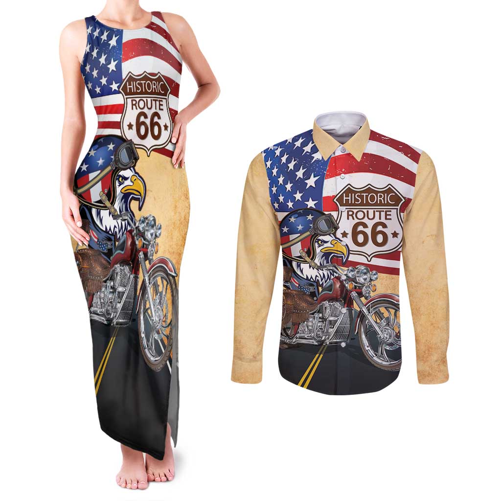Route 66 United States Couples Matching Tank Maxi Dress and Long Sleeve Button Shirt Historic Highway USA Eagle With Motorcycle - Wonder Print Shop